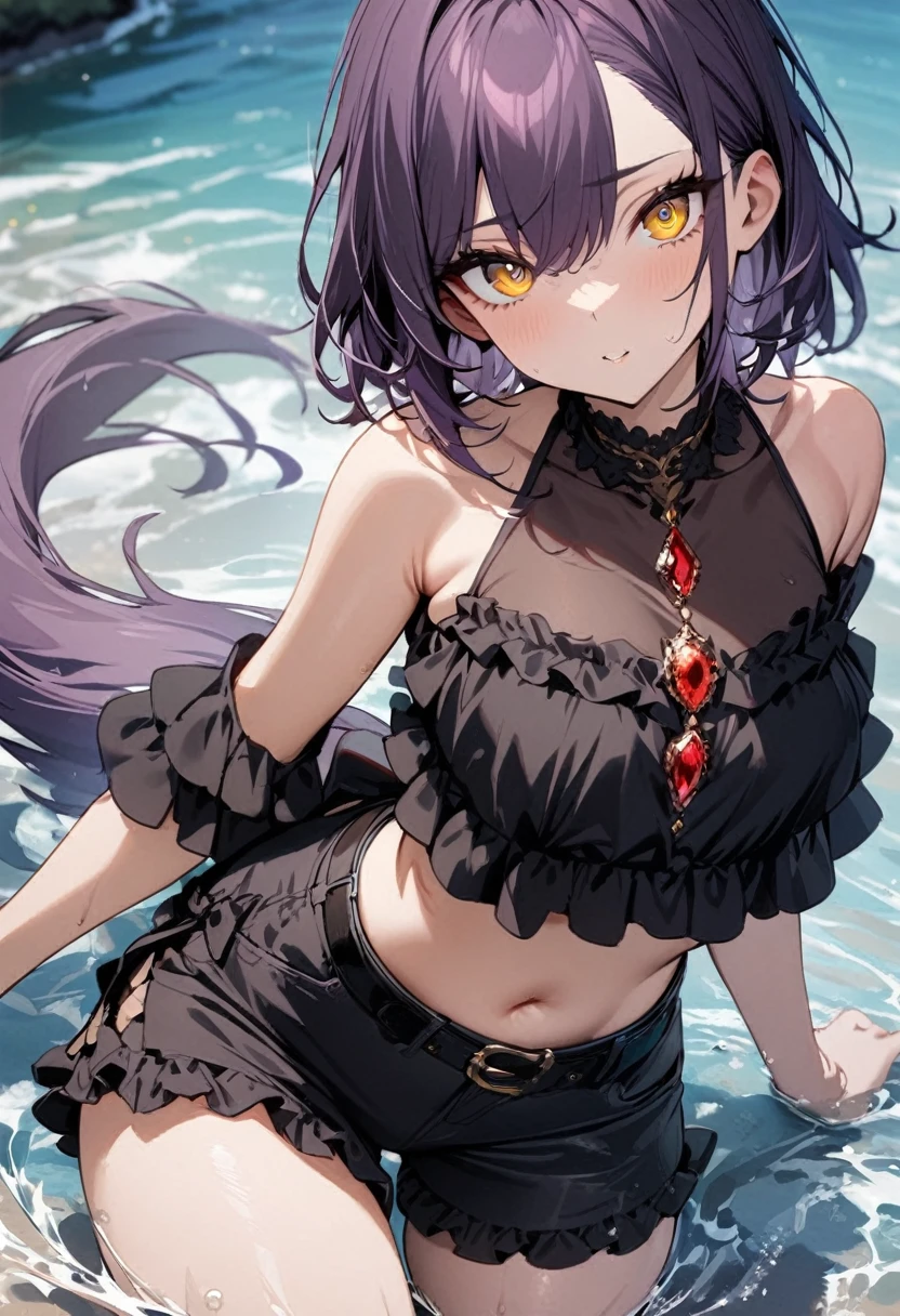 1 girl, masterpiece, top quality, fair skin, golden eyes, big eyes, dark purple hair, side tail, frills on shorts, black belt, red jewel, water