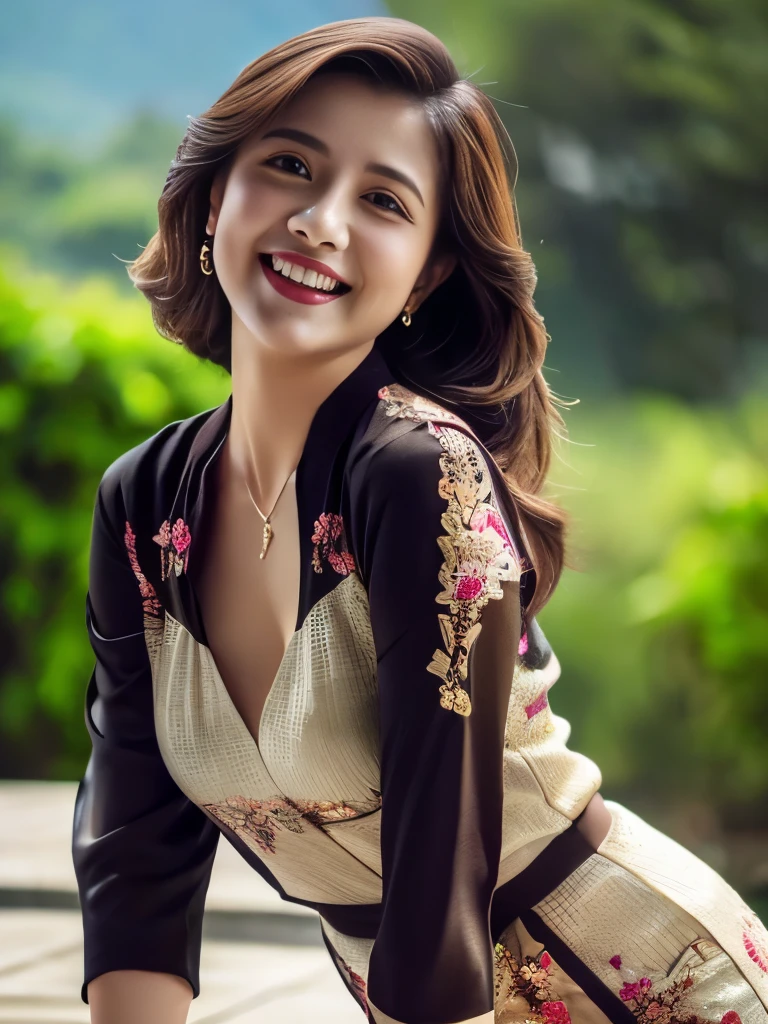 (Best quality, high resolution, Masterpiece: 1.3), a beautiful woman with a slender figure, (dark brown layered hairstyle), wearing a pendant, ((kebaya_bali)) outdoors, scenic beauty, lakes and mountains in distant background, details in face and skin texture beautifully rendered, details eyes, (best quality, high resolution, masterpiece: 1.3), a beautiful woman with a slim figure, (dark brown layered hairstyle),((kebaya_bali)), outdoors, background random, details in face and skin texture beautifully rendered, detail eyes, double eyelids, seductive laugh, feminine laugh, seductive pose, full body