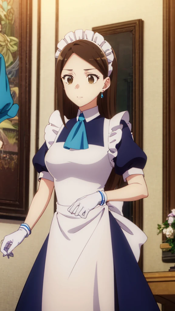 masterpiece, best quality, highres,1girl, solo, anne shelley, short hair, brown hair, (brown eyes:1.5),, long sleeves, puffy sleeves, apron, maid, maid headdress, juliet sleeves, maid apron, catarina claes, long hair, bangs, brown hair, blue eyes, asymmetrical bangs,, hair ornament, gloves, dress, bow, jewelry, jacket, short sleeves, hair bow, earrings, white gloves, bracelet, ascot, blue dress, blue bow, brooch, high collar, long dress, blue ascot, happy, cowboy shot, indoors, bedroom