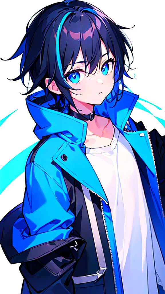 [(WHITE BACKGROUND:1.5),::5], ((((masterpiece)))), high quality, ultra very high resolution, full color, (((solo))), (( boy)), BLACK hair, (Blue streaked hair), (oriental deepblue eyes), anime, ((upper body)), Summer clothes, neon light, black parka,