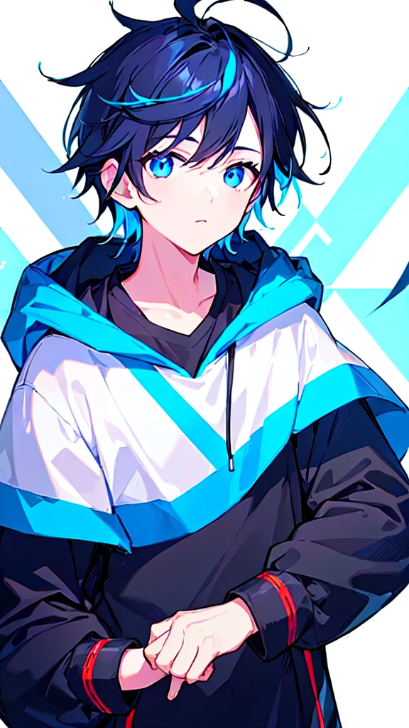 [(WHITE BACKGROUND:1.5),::5], ((((masterpiece)))), high quality, ultra very high resolution, full color, (((solo))), (( boy)), BLACK hair, (Blue streaked hair), (oriental deepblue eyes), anime, ((upper body)), Summer clothes, neon light, black parka,