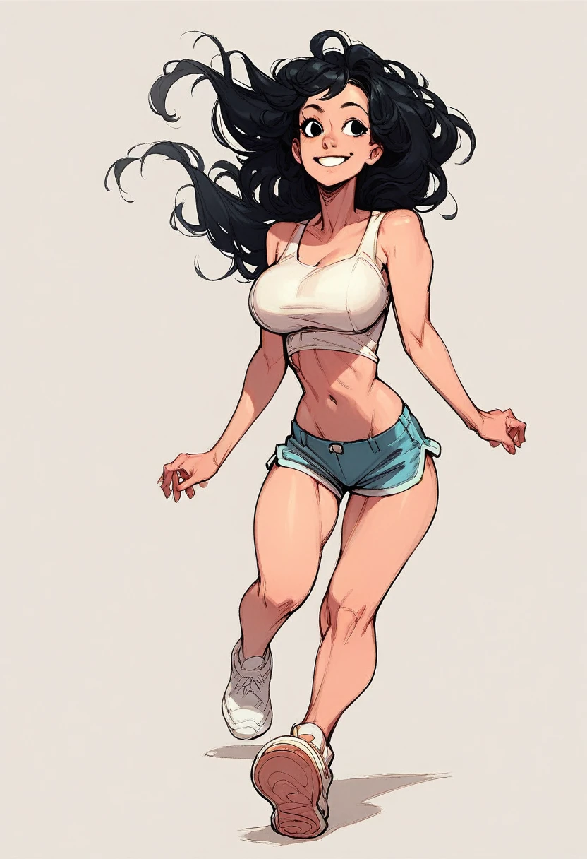 Score_9, Score_8_up, Score_7_up, 1 girl, black hair, black eyes, curvy figure, smile, microshorts, white tank top, sneakers, navel, big bust, walking, simple background, white background, 
