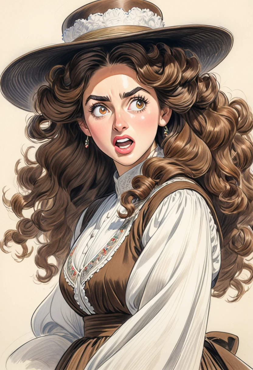 a colored pencil sketch of A beautful jewish women with a thick bushy unibrow and a large bulbous nose. Thick, intense, curly, frizzy, long brown hair. Hair that screams: Jew. Traditional dress, luxurious long dress、hat.