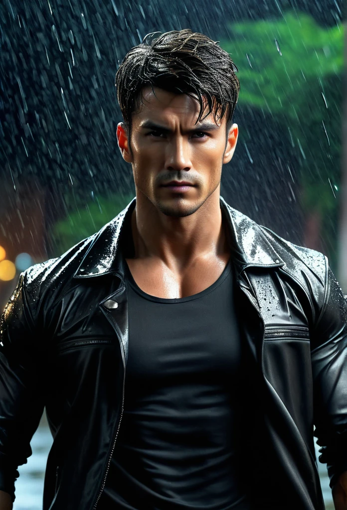 acting（（（martial arts superstar））,black pants, realist:1.3,( fotorrealist, 8K, original photo, high quality, masterpiece, epic lights. close up, center image), (prospect),((1 Handsome guy with confident and well-proportioned muscles, post apocalyptic, Guerrero, Rostro y cuerpo perfectamente detallados, (prospect), rain scene, Poor lighting due to rain,(( My face and body were soaked by the rain:1.5)),lightning lighting, dynamic poses, beautiful fine hair, Leather jacket)),  ((imaginative scenes)),((perfect, meticulously.:1.3)), ((panoramic: 1.4)), ((best quality )), ((masterpiece)), 3d, (Super detailed: 1.3), ((epic scenery: 1.3)), ((night background: 1.3 ))), (((night:1.2))), ( lifelike: 1.4), ((Front camera)),( (Low-light night cinematic lighting: 1.2)). 32