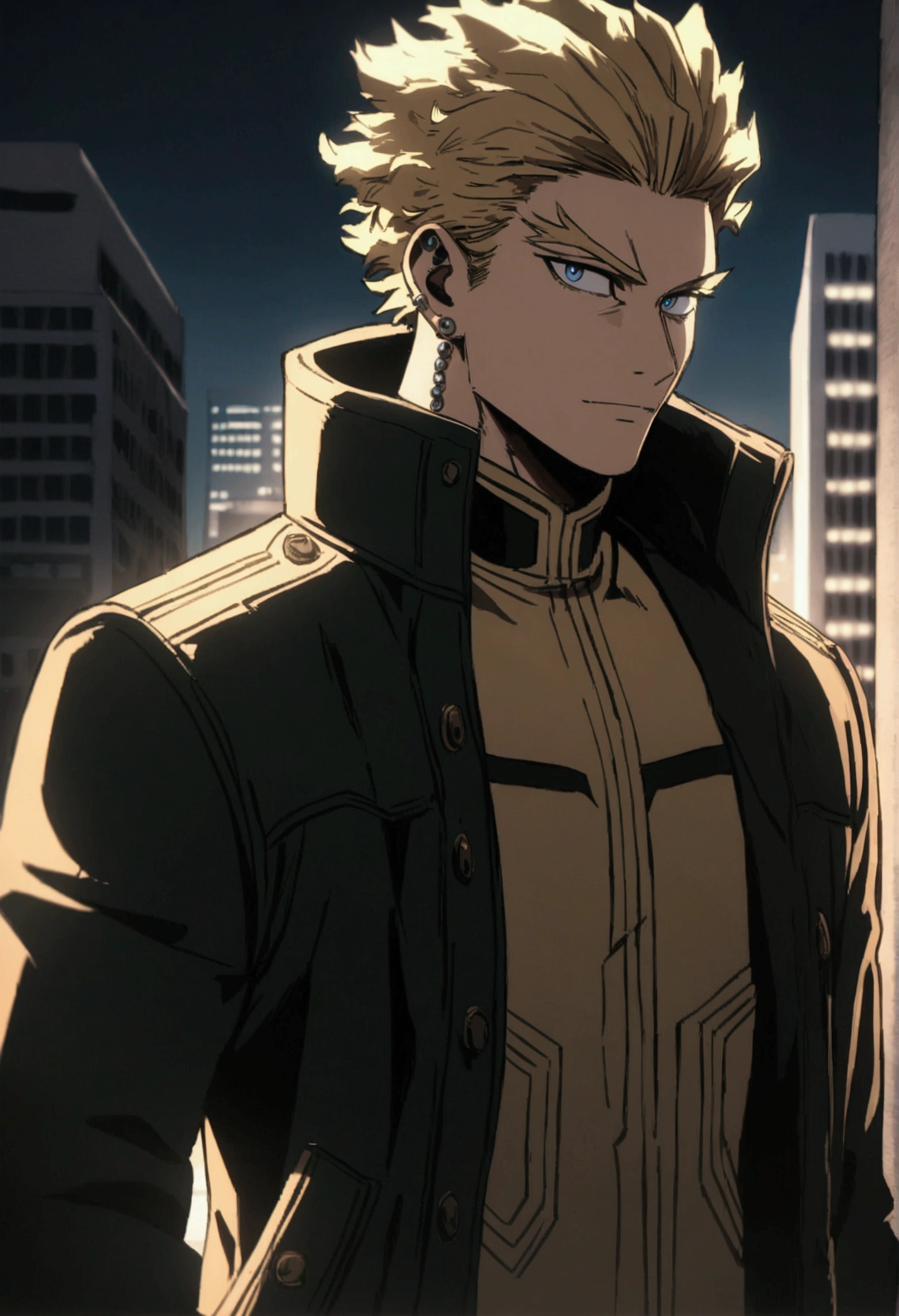  A man, blond hair, piercing blue eyes, detailed facial features, handsome, well-groomed, distinguished, confident expression, wearing a "My Hero Academia" jacket  , urban city background, my hero academy art style, boku no hero art , 8k, high quality, masterpiece, dramatic lighting, cinematic, vivid colors