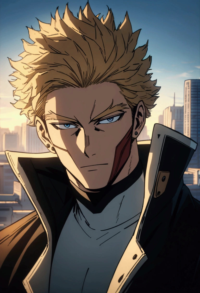  A man, blond hair, piercing blue eyes, detailed facial features, handsome, well-groomed, distinguished, confident expression, wearing a "My Hero Academia" jacket  , urban city background, my hero academy art style, boku no hero art , 8k, high quality, masterpiece, dramatic lighting, cinematic, vivid colors