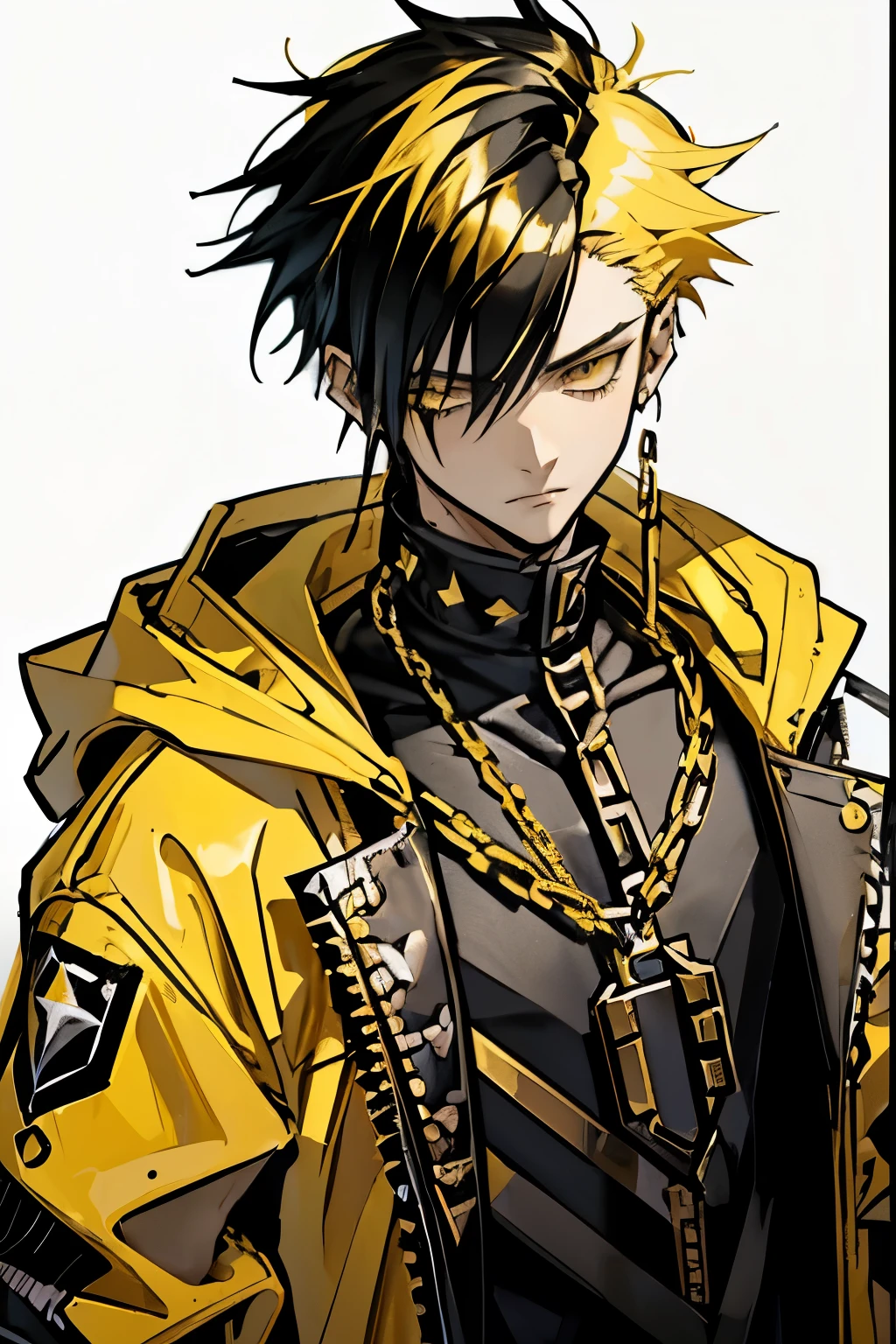 dead inside, split hair yellow black teenager 16, bright beautiful eyes, gangsta golden chain, vomitboy haircut, hair on both sides black and yellow, split black / yellow hair, messy spiked yellow hair, handsome guy, 16 years old, long hairstyle, gold chain, Slavic appearance, simple style, hoodie