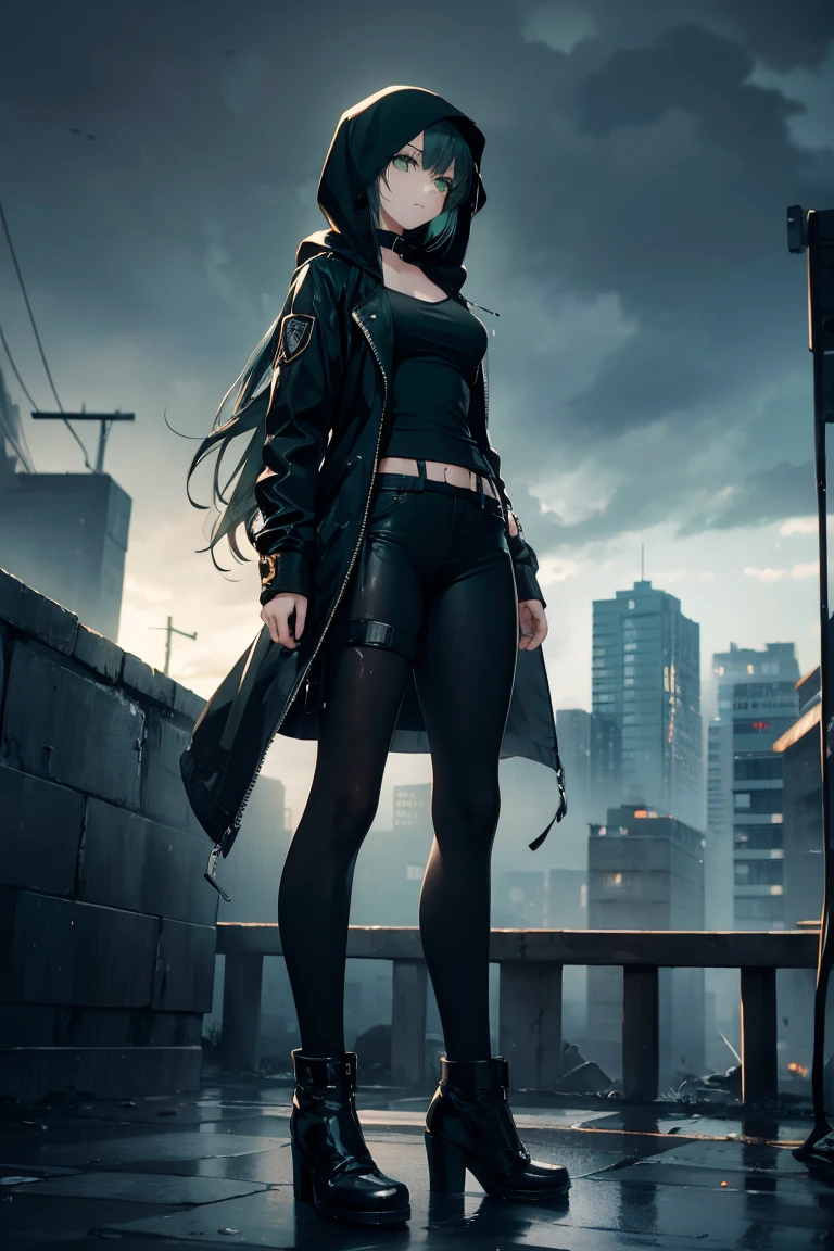 ((Best quality, 8K, masterpiece:1.3)), anime style, full body, a fallen hero turned assassin standing on the rooftop of an abandoned building in a rainy, dark city, (looking into the distance with despair:1.4), wearing a black leather jacket with a hood partially covering her face, tight black tank top, black pants, tall leather boots, athletic and slender figure with well-defined muscles, broad shoulders, narrow waist, (green eyes:1.3), gaze filled with suffering and determination, (camera angle from below:1.2), highlighting her dominant and vulnerable stance, rain and dark clouds creating a gloomy atmosphere, highly detailed textures and shadows.