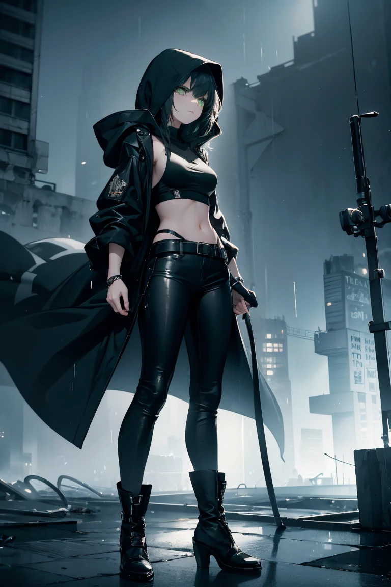 ((Best quality, 8K, masterpiece:1.3)), anime style, full body, a fallen hero turned assassin standing on the rooftop of an abandoned building in a rainy, dark city, (looking into the distance with despair:1.4), wearing a black leather jacket with a hood partially covering her face, tight black tank top, black pants, tall leather boots, athletic and slender figure with well-defined muscles, broad shoulders, narrow waist, (green eyes:1.3), gaze filled with suffering and determination, (camera angle from below:1.2), highlighting her dominant and vulnerable stance, rain and dark clouds creating a gloomy atmosphere, highly detailed textures and shadows.