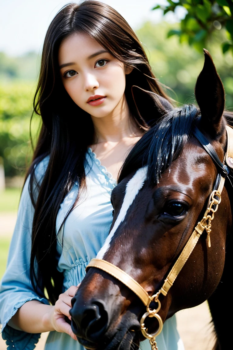 ((masterpiece, Highest quality)),(figure),(detailedLight),((Very delicate and beautiful)),One girl,Godolphin Arabian,long hair,blue hair,Green Eyes,Horse&#39;s ears,Ma Niang,hair_ornament,White Dress, Exposing shoulders, ,No sleeve,Evening Dresses,Long dress,Outdoor, Light,blue sky, horizon, Pasture, wild