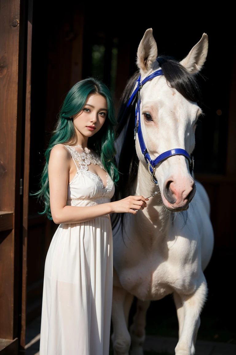((masterpiece, Highest quality)),(figure),(detailedLight),((Very delicate and beautiful)),One girl,Godolphin Arabian,long hair,blue hair,Green Eyes,Horse's ears,Ma Niang,hair_ornament,White Dress, Exposing shoulders, ,No sleeve,Evening Dresses,Long dress,Outdoor, Light,blue sky, horizon, Pasture, wild