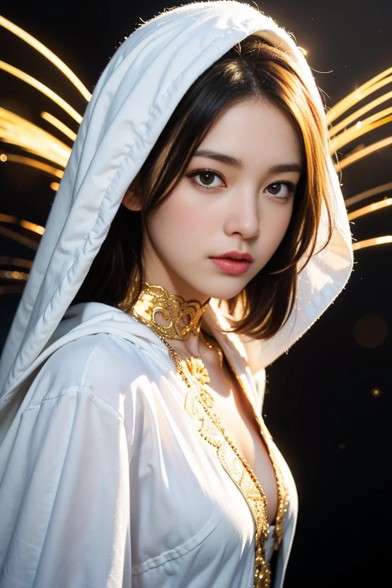 (masterpiece, Highest quality, Highest quality, Official Art, beautifully、aesthetic:1.2), (One girl), Highly detailed eyes, (Fractal Art:1.3), colorful, Most detailed, (Perfect Face), Glowing Skin, High resolution, (White cloak, golden lines:1.2), Milky Way, (Streaks of Light), Impressive visuals, (Dynamic stripes, Light trail:1.2), Vibrant colors, (Phoenix), (Dragon)
