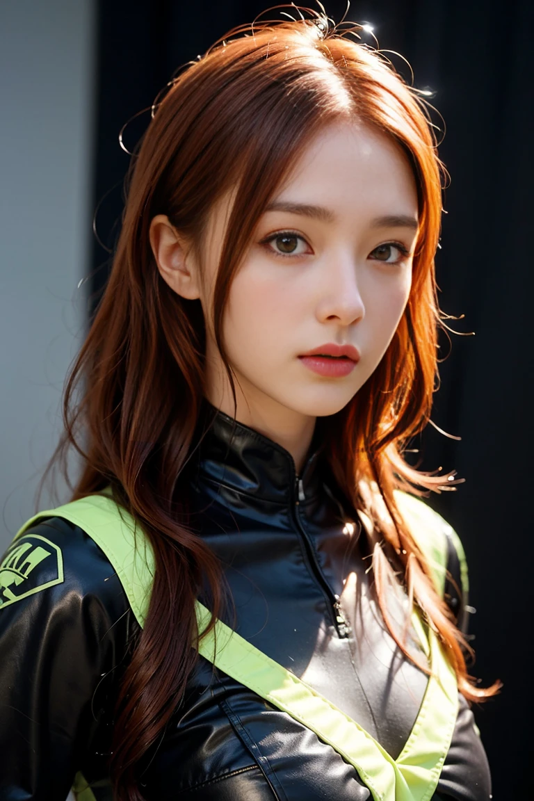 Tall beautiful woman with red hair and yellow eyes、Extremely realistic and detailed suit costume