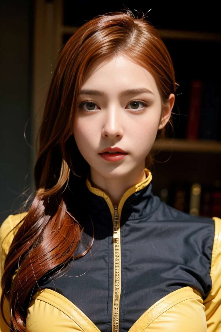 Tall beautiful woman with red hair and yellow eyes、Extremely realistic and detailed suit costume