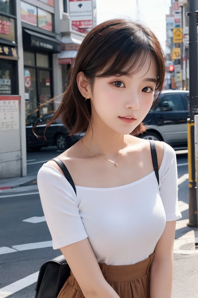 Korean beauty 20 years old、Women&#39;s Long Sleeve Crop Top, Unbuttoned shirt, Blue Shirt, Gray plain ribbed knit pencil skirt ,Selfie style, 1 handbag, Bright Eyes, ,G-cup breasts, Narrow waist, Captivating thighs, 5 fingers on each hand, both hands ,2 Foot , city, date, Are standing, beautiful, High heels, Dawn, Recreational Park, Back view, Heavenly ass, twerk 