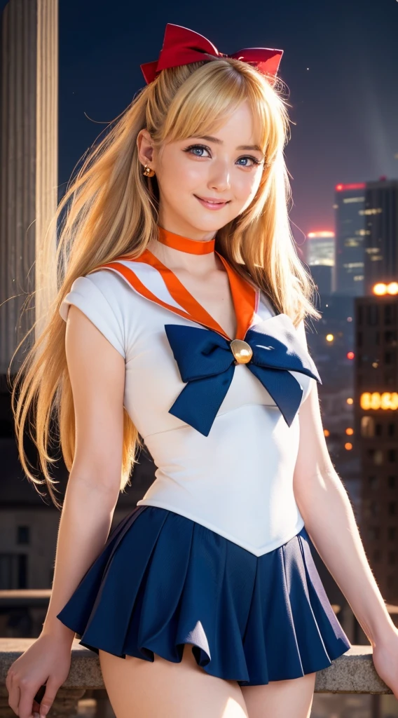 masterpiece, Highest quality, High resolution, Venus 1, One girl, alone, Sailor Warrior Uniform, Sailor Venus, aino minako, Blonde, Magical girl, blue eyes, Orange Skirt, Elbow hand pockets, tiara, Pleated skirt, Hair Ribbon, Orange sailor collar, mini skirt, choker, Red Bow, orange choker, White gloves, Very long hair,  jewelry,  Earrings, Cowboy Shot, smile,,More detailed 8K.Unreal Engine:1.4,超High resolution,La Highest quality:1.4, Realistic:1.4, Skin Texture:1.4, masterpiece:1.8,first work, Highest quality,Object Object], (Detailed facial features:1.3),(Fine hand:1.4),(Apocalyptic destroyed cityscape:1.4)