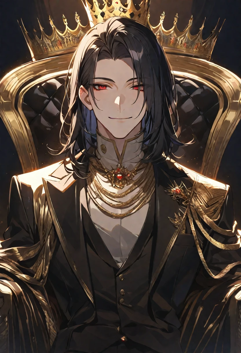 alone,good looking,
1. male,
bangs,Straight hair,Bob Hair, ,
Black Hair,
Satoru Gojo ,
Red eyes,Soft impression,
beautiful,Sexy,darkness,Gold Necklace,
Black suit ,smile,King,crown,Slender,
Black Background ,High resolution,