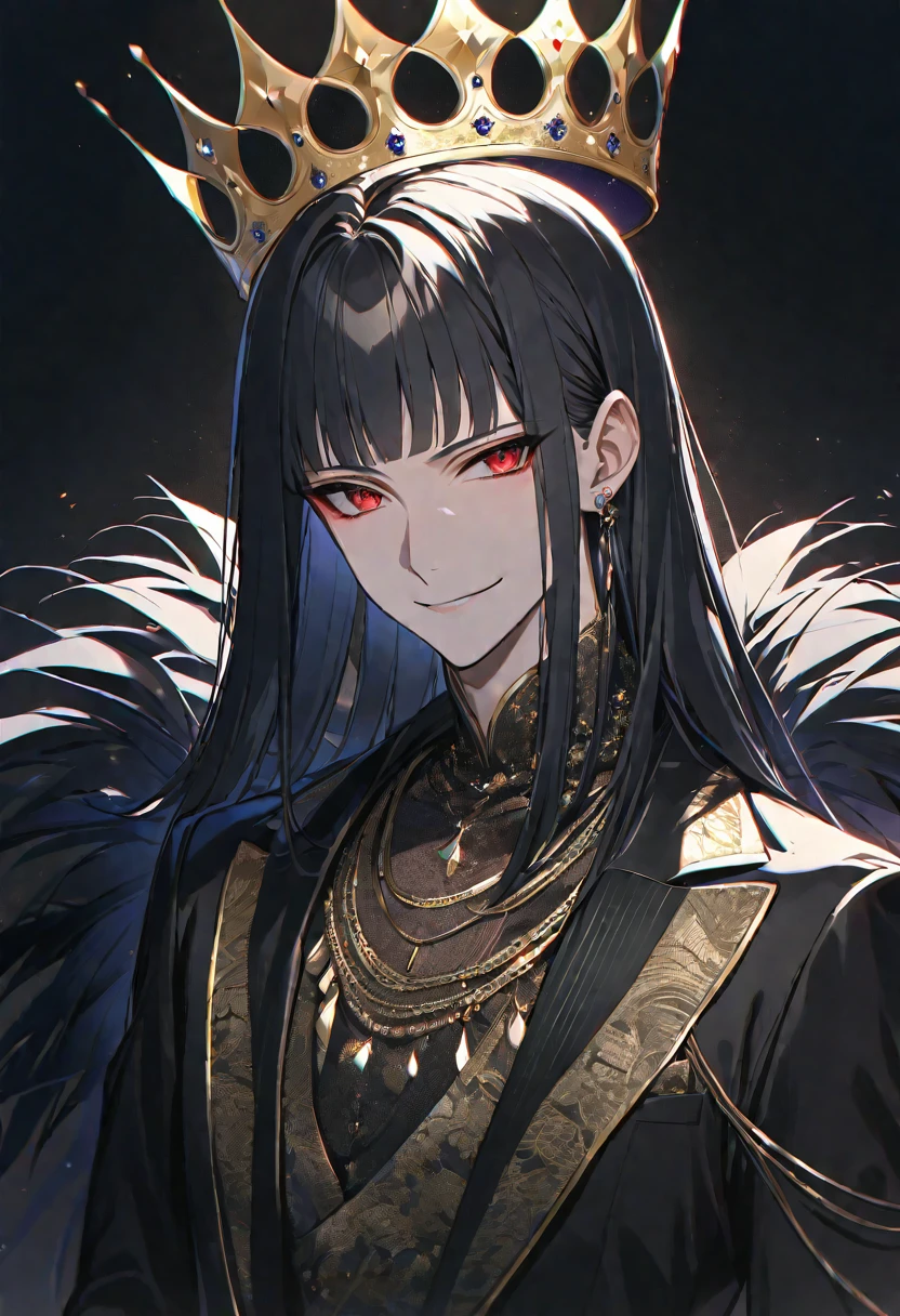 alone,good looking,
1. male,
bangs,Straight hair,Bob Hair, ,
Black Hair,
Satoru Gojo ,
Red eyes,Soft impression,
beautiful,Sexy,darkness,Gold Necklace,
Black suit ,smile,King,crown,Slender,
Black Background ,High resolution,