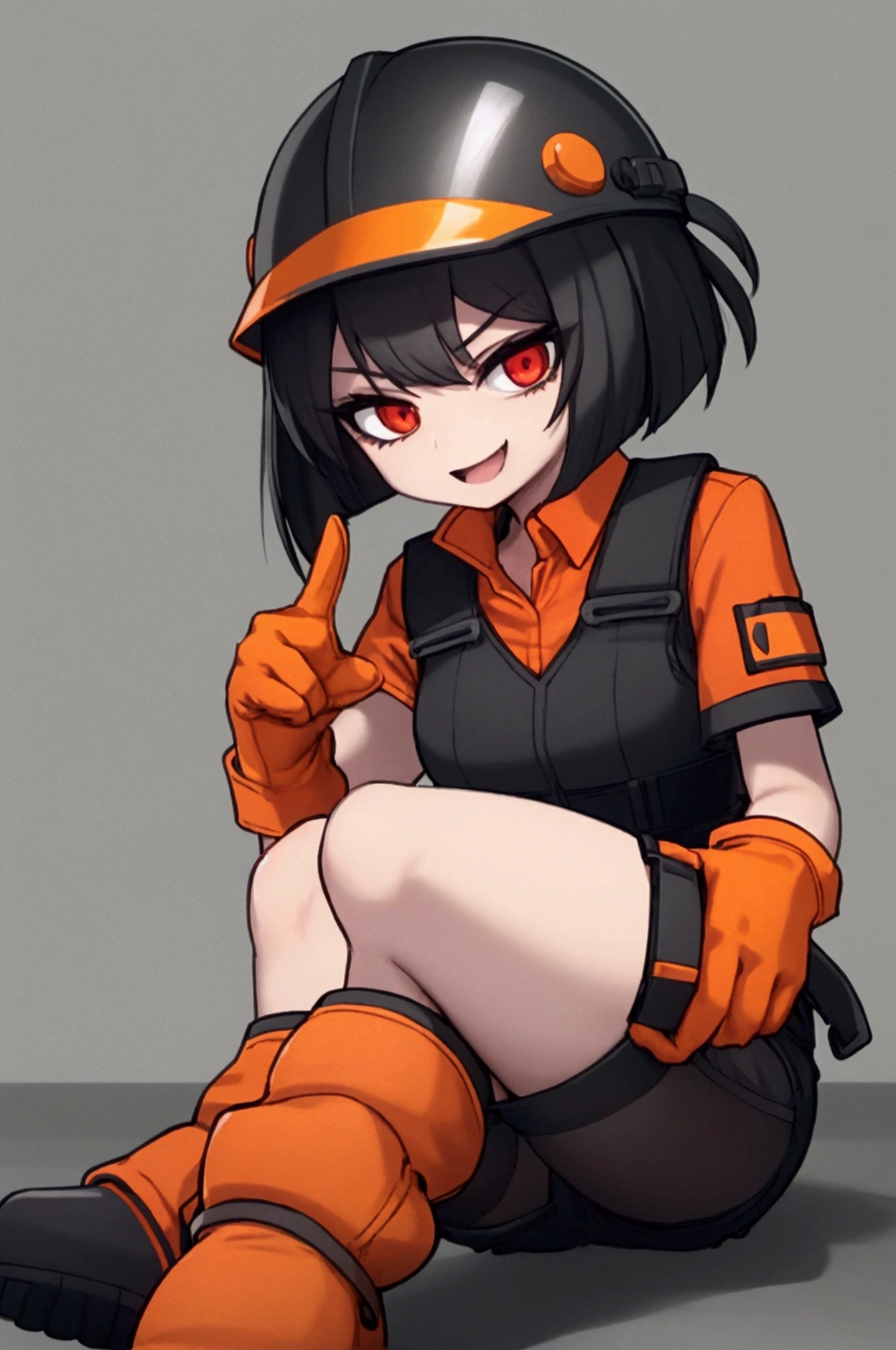 girl, black hair, bob, red eyes, orange short-sleeved safety jacket, black inner, denim shorts, black short socks, orange simple construction helmet, orange safety boots, white gloves, pointing finger