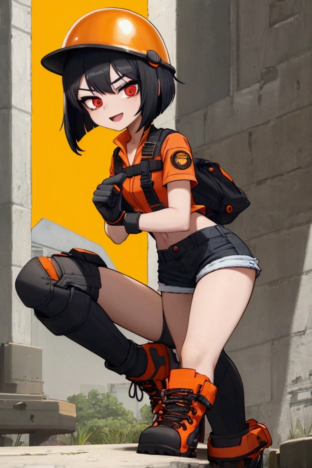 girl, black hair, bob, red eyes, orange short-sleeved safety jacket, black inner, denim shorts, black short socks, orange simple construction helmet, orange safety boots, white gloves, pointing finger
