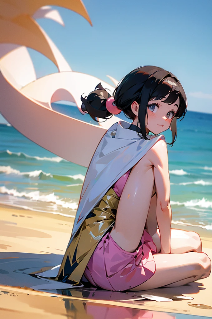 young girl, naked, small breasts, short hair, two buns, on the beach