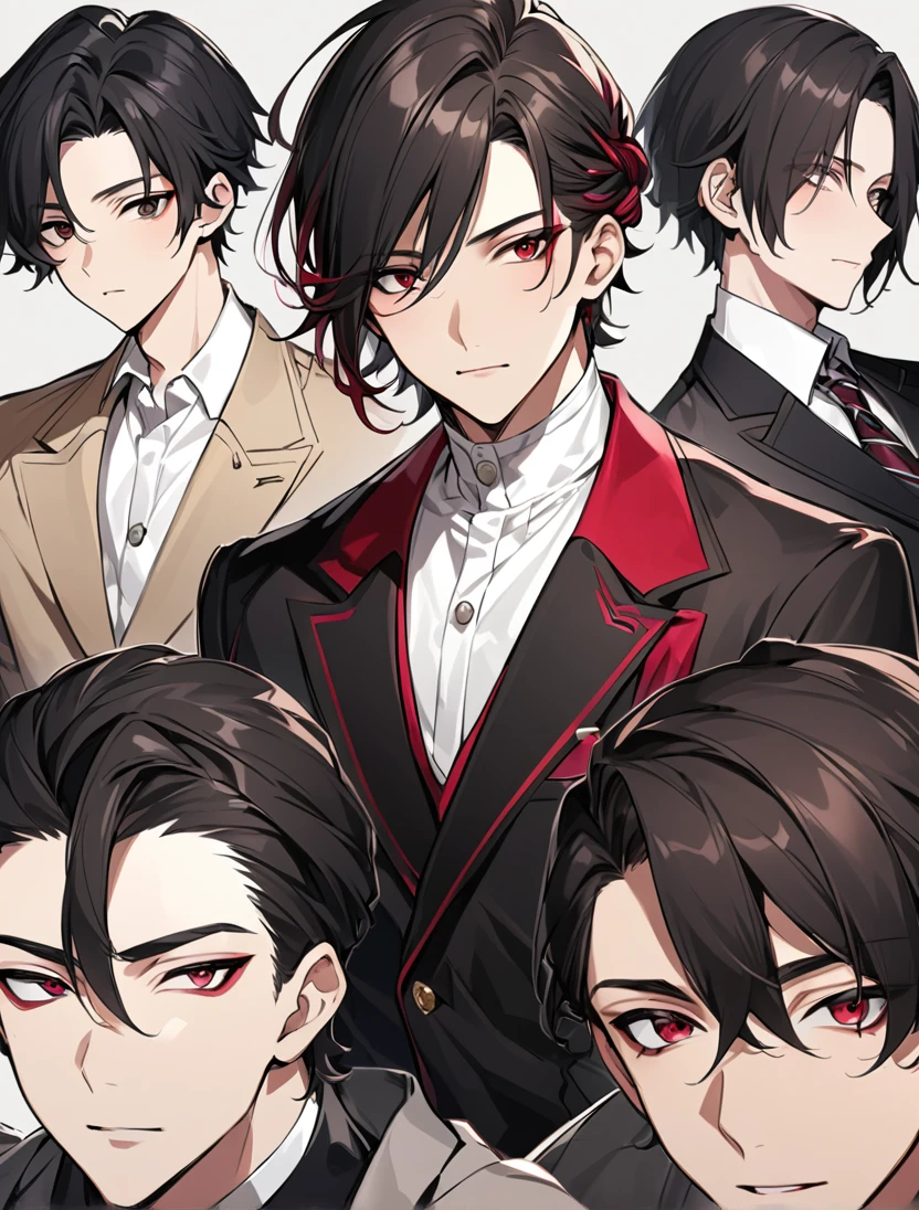 (black_hair), (short_hair), (red_ruby_eyes), (Handsome), (Attractive), (male), (unique_black_highschool_uniform), (detailed_Hair), (detailed_mouth), (ager), (elegant), (dark_under_eyes), (japanese)