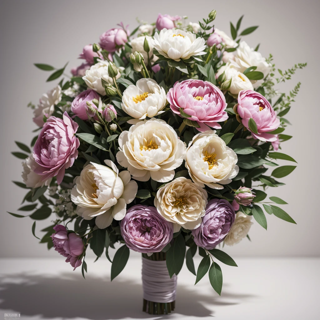 In the foreground is a bouquet of flowers consisting of peonies, lilies and dry flowers, all in delicate tones, a wedding bouquet, tied with tape in pastel colors, a background gray without details, high detail, 3 d render.