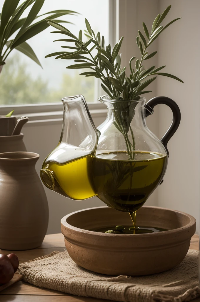olive oil being poured from a jug onto a clay vase