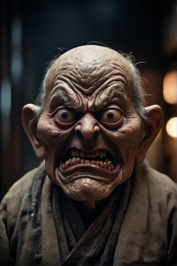 Horror-themed movie stills,Scary big-headed old man,（Head size 1:４) (Full body portrait:1.3), (Detailed monstrous evil face:1.4), Wearing loose Japanese clothing, Shallow depth of field, Vignette, Very detailed, High budget, Bokeh, CinemaScope, Sulky, amazing, nice, Film Grain, granular . Creepy, Anxious, dark, Creepyな, Suspenseful, strict, Very detailed