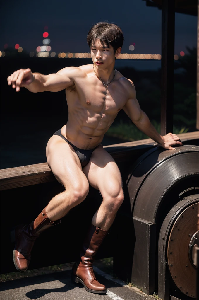 Japan man, man,Youth,Best quality, crisp quality, Masterpiece, Highest resolution, Highly detailed, show abs, thong, chest muscle,Full-body muscular figure,night club,Long riding boots