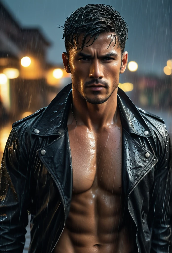 acting(((martial arts superstar)),black pants, realist:1.3,( fotorrealist, 8K, original photo, high quality, masterpiece, epic lights. close up, center image), (prospect),((1 Handsome guy with confident and well-proportioned muscles, post apocalyptic, Guerrero, Rostro y cuerpo perfectamente detallados, (prospect), rain scene, Poor lighting due to rain,(( My face and body were soaked by the rain:1.5)),lightning lighting, dynamic poses, beautiful fine hair, Leather jacket)), ((imaginative scenes)),((perfect, meticulously.:1.3)), ((panoramic: 1.4)), ((best quality )), ((masterpiece)), 3d, (Super detailed: 1.3), ((epic scenery: 1.3)), ((night background: 1.3 ))), (((night:1.2))), ( lifelike: 1.4), ((Front camera)),( (Low-light night cinematic lighting: 1.2)). 32