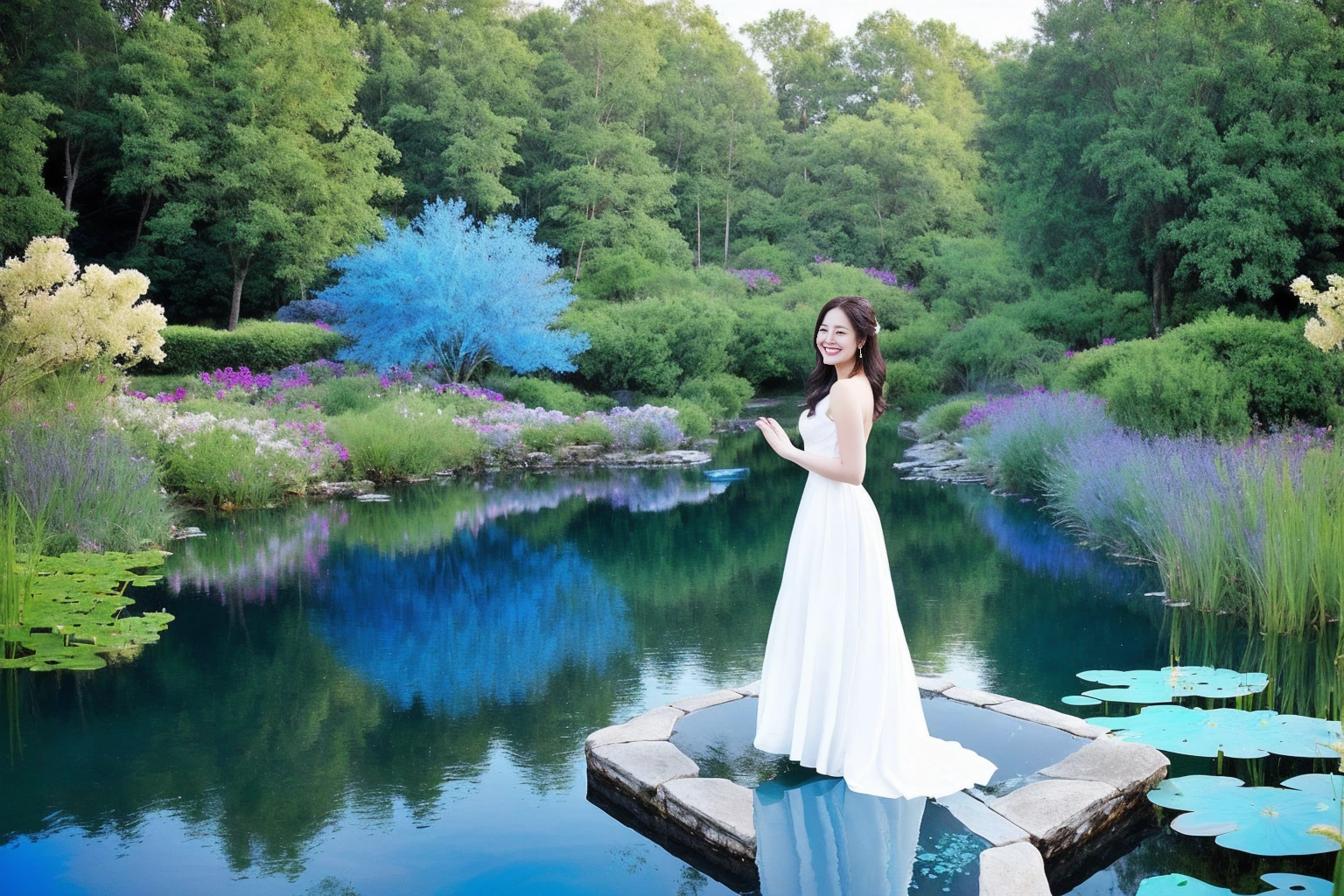 Highest quality The background is a blue pond Photo style Fantasy A beautiful woman in a white dress smiles with her hands behind her back in front of a pond refreshing Real Romantic