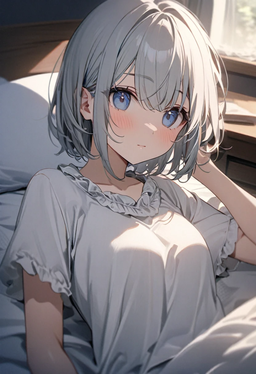 ((high quality,最high quality,8k,Best image quality,))Girl 1,cute,(Gray Hair:1.2),,cute,(Short Bob:1.2),Less exposure,Upper body only、(Dark blue eyes:1.1)、(White frills:1.1),(White pajamas:1.elfie,Bedroom、Late Night、Lie down on the bed