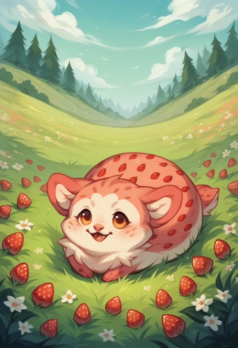 ral-strawberryjam, a small strawberry mainecoon sitting on a meadow