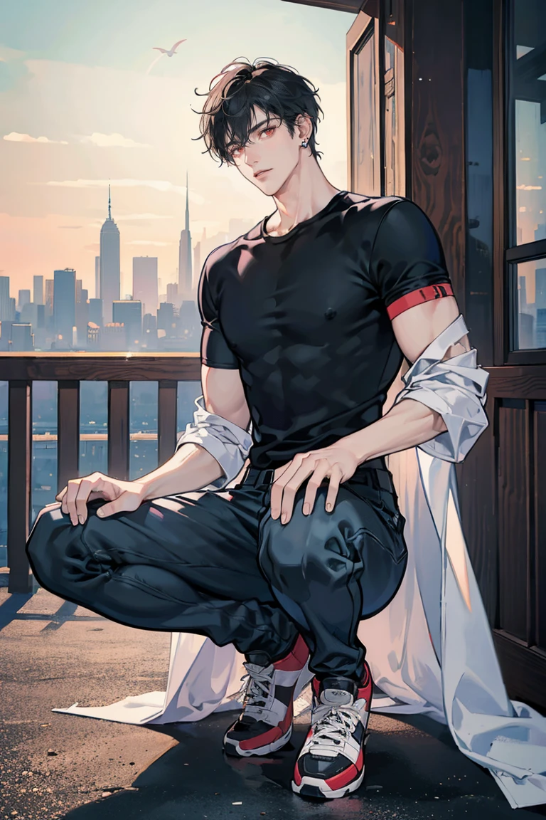 (masterpiece), best quality, seductive eyes, perfect face, handsome man, red eyes, short messy black hair, long nose, plain t-shirt, grey fitted pants, black sneakers, full body, extremely tall man, long legs, long calves, anime cover, 1boy, ear piercings, adult-like look, there's a beautiful city in the background, he's holding a phone 
