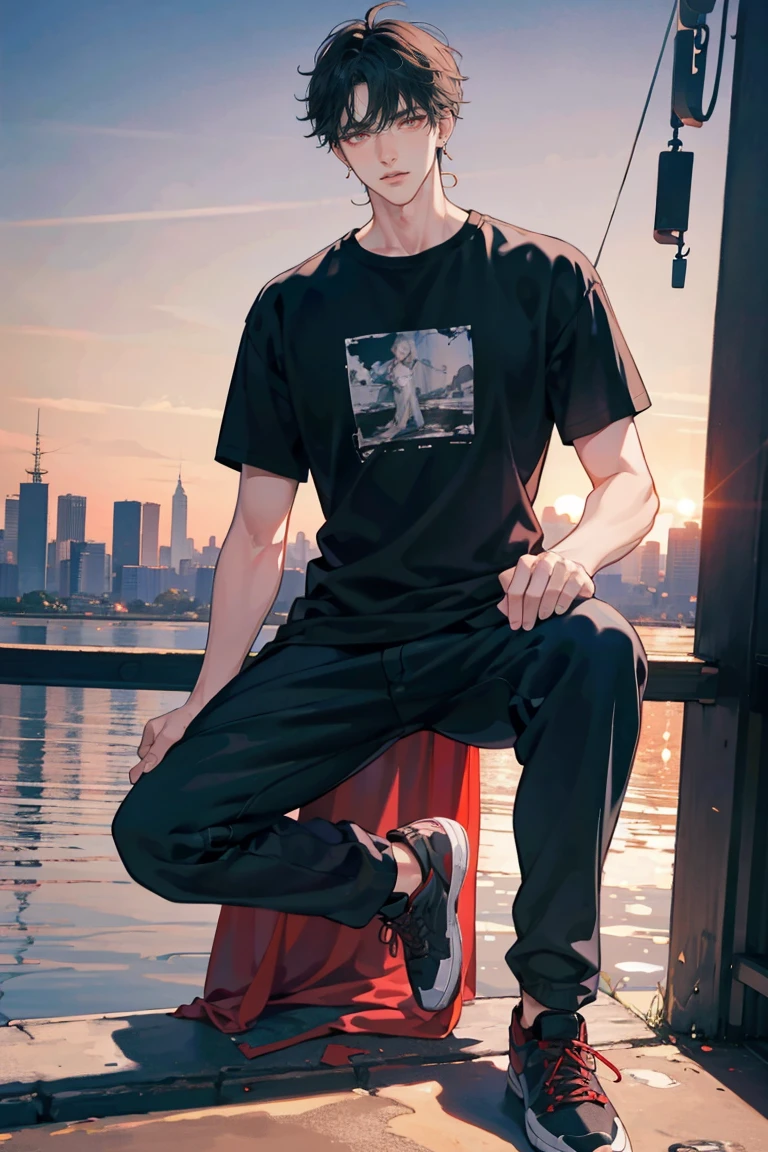 (masterpiece), best quality, seductive eyes, perfect face, handsome man, red eyes, short messy black hair, long nose, plain t-shirt, grey fitted pants, black sneakers, full body, extremely tall man, long legs, long calves, anime cover, 1boy, ear piercings, adult-like look, there's a beautiful city in the background, he's holding a phone