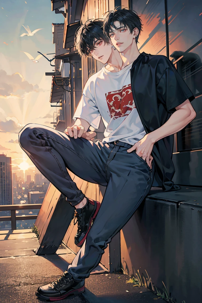 (masterpiece), best quality, seductive eyes, perfect face, handsome man, red eyes, short messy black hair, long nose, plain t-shirt, grey fitted pants, black sneakers, full body, extremely tall man, long legs, long calves, anime cover, 1boy, ear piercings, adult-like look, there's a beautiful city in the background, he's holding a phone