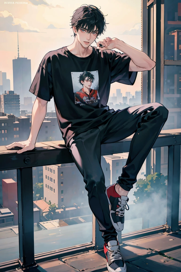 (masterpiece), best quality, seductive eyes, perfect face, handsome man, red eyes, short messy black hair, long nose, plain t-shirt, grey fitted pants, black sneakers, full body, extremely tall man, long legs, long calves, anime cover, 1boy, ear piercings, adult-like look, there's a beautiful city in the background, he's holding a phone