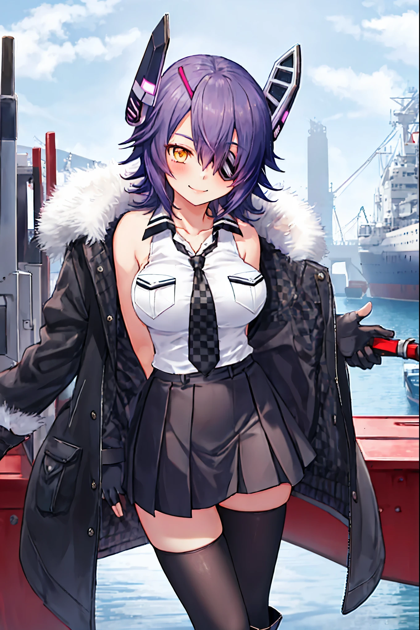 best quality, masterpiece, solo, {tenryuu_kantaicollection:1.}, teirl, eyepatch, short_hair, purple_hair, yellow_eyes, headgear, breasts, necktie, large_breasts, smile, 1girl, blush, checkered_necktie, hair_over_one_eye, shirt, collared_shirt, white_shirt, jacket, sleeveless, brown_eyes, fur-trimmed_jacket, fur_trim, collarbone, looking_at_viewer, pocket, breast_pocket, ,, messy_hair, black_gloves, gloves, partially_fingerless_gloves,harbor_road_landscape_background,outdoor,short_skirt,thigh-highs,boots,sunlight,from_below