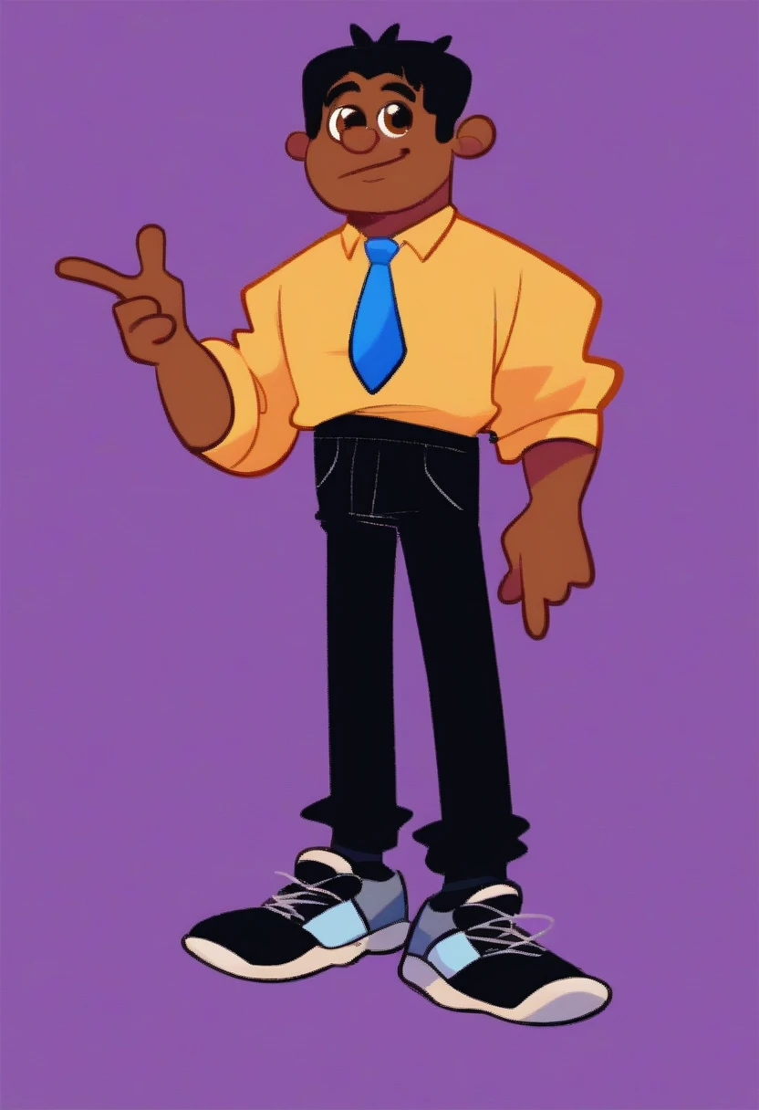 tyrone, 1boy, full body, solo, simple background, dark-skinned male, brown eyes, black hair, grey long sleeve suit, blue work tie, black pants, black shoes, amanditas4_style, purple background