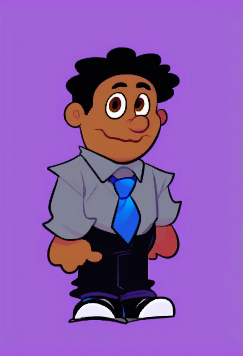 tyrone, 1boy, full body, solo, simple background, dark-skinned male, brown eyes, black hair, grey long sleeve suit, blue work tie, black pants, black shoes, amanditas4_style, purple background