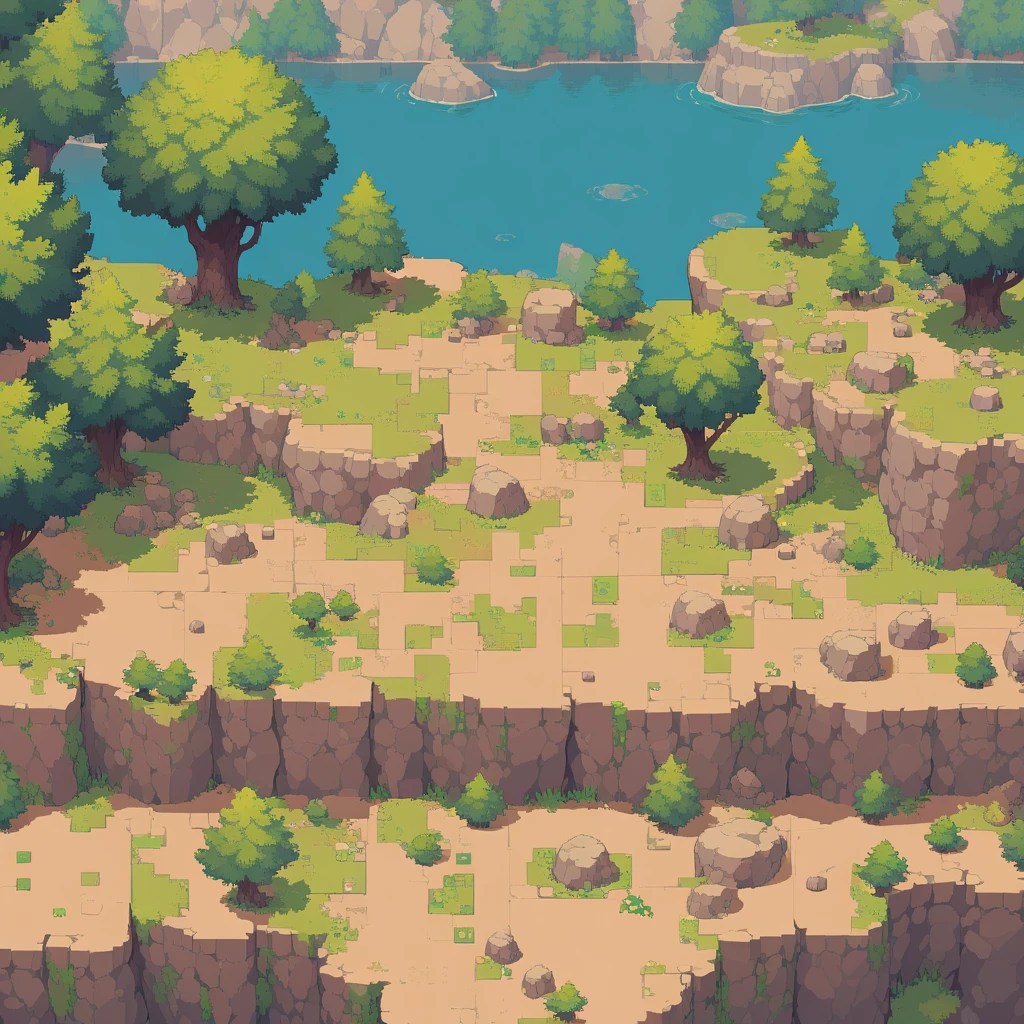 retro video game style,pixelated, vibrant pastel colors,8-bit characters,blocky shapes,sharp lines,detailed shading,classic gaming vibe,nostalgic atmosphere,classic arcade games,masterpiece:1.2,ultra-detailed,illustration style, 2d texture, stone texture, 4 k seamless mud texture, video game texture, dirt texture, tileset, game tiles, grass, 3/4th perspective trees, 3/4th perspective tileable rock texture, 3/4th perspective tileable cliff formations, tileable trees, topdown view, game texture, game art, tileable texture, very detailed cliff texture, intricate stones, top down view, 3/4th perspective