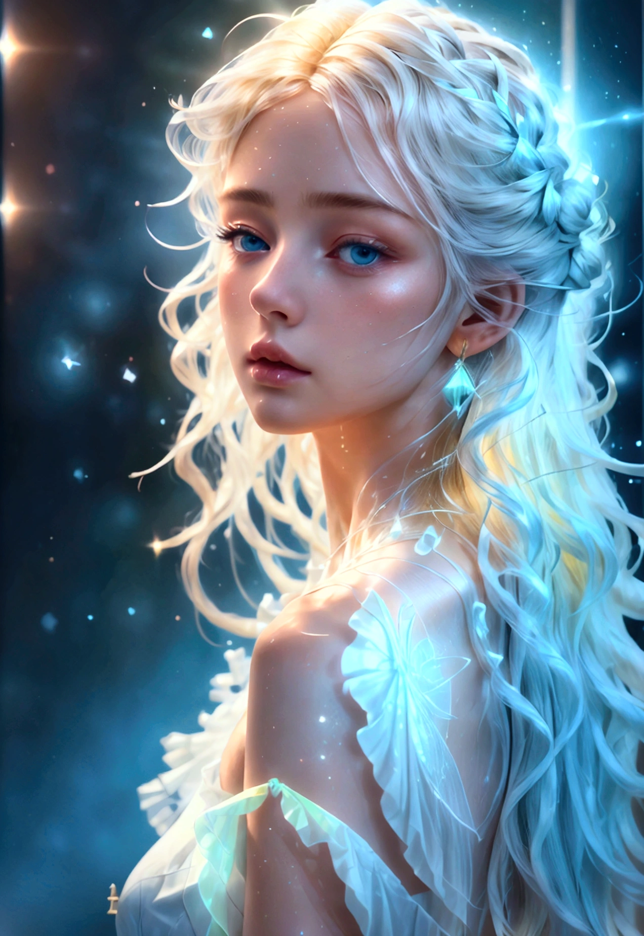 (Upper body of woman wearing green frilly sleeveless shirt), surrealism, A digital way to face reality, (beautiful face_delicate features, clear and pale skin), long white hair, spaced objects, (light의 소녀_ Body line made of transparent luminous body ), (jewel_particle, outline: 1.2), light_line, light, light particle, (girl made of lines of light: 1.3, wearing lines of light), density of lines, (Blazing white blonde hair_thick wavy hair, lines of light), (best quality, 4K, 8k, high resolution, masterpiece: 1.2), very detailed, (realistic, realistic, realistic: 1.37), HDR, uhd, studio lighting, sharp focus, Physically based rendering, very detailed 설명, professional, vivid colors,