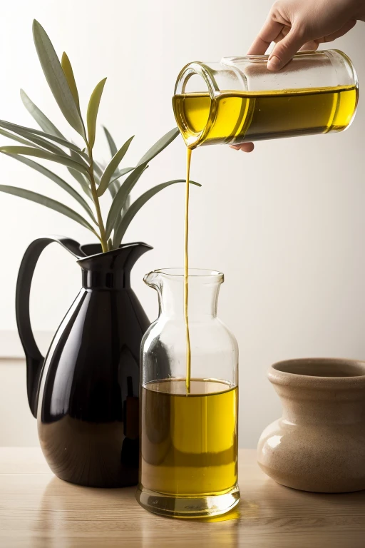 olive oil being poured from a jug onto a clay vase 
