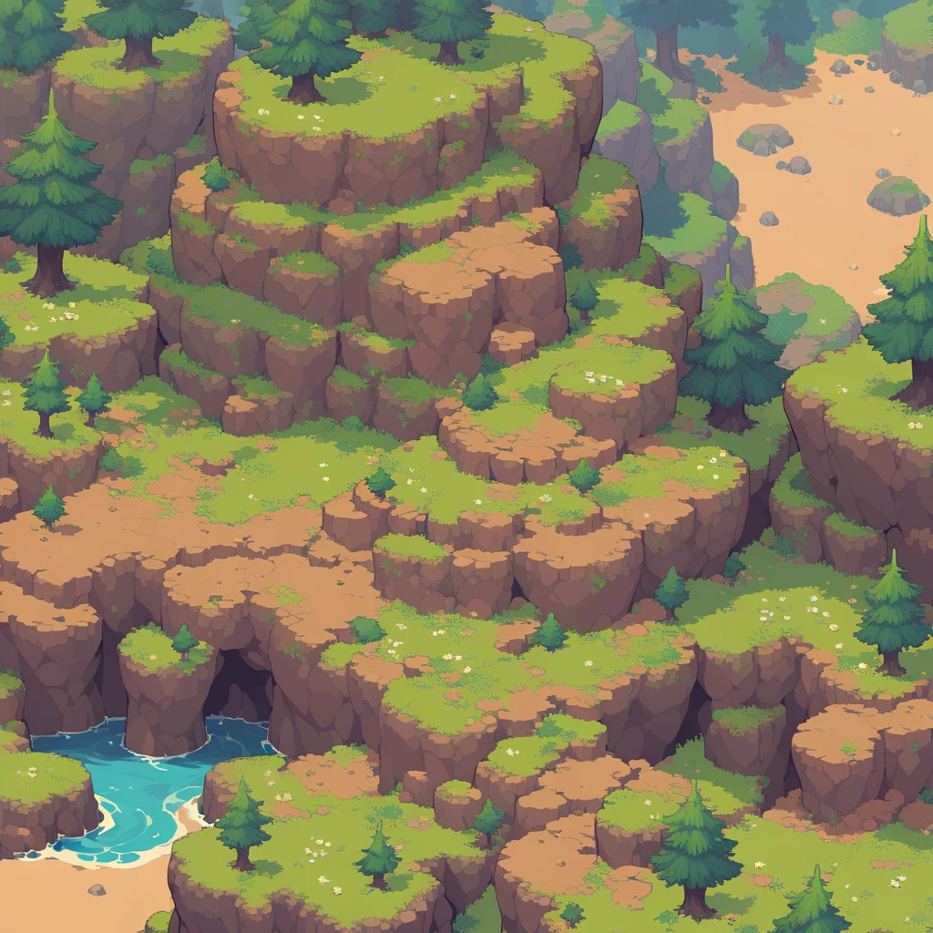 retro video game style,pixelated, vibrant pastel colors,8-bit characters,blocky shapes,sharp lines,detailed shading,classic gaming vibe,nostalgic atmosphere,classic arcade games,masterpiece:1.2,ultra-detailed,illustration style, 2d texture, stone texture, 4 k seamless mud texture, video game texture, dirt texture, tileset, game tiles, grass, 3/4th perspective trees, 3/4th perspective tileable rock texture, 3/4th perspective tileable cliff formations, tileable trees, topdown view, game texture, game art, tileable texture, very detailed cliff texture, intricate stones, top down view, 3/4th perspective