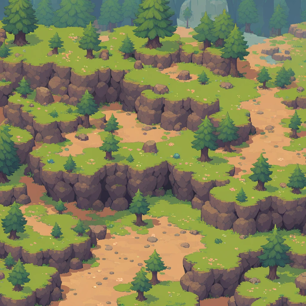 retro video game style,pixelated, vibrant pastel colors,8-bit characters,blocky shapes,sharp lines,detailed shading,classic gaming vibe,nostalgic atmosphere,classic arcade games,masterpiece:1.2,ultra-detailed,illustration style, 2d texture, stone texture, 4 k seamless mud texture, video game texture, dirt texture, tileset, game tiles, grass, 3/4th perspective trees, 3/4th perspective tileable rock texture, 3/4th perspective tileable cliff formations, tileable trees, topdown view, game texture, game art, tileable texture, very detailed cliff texture, intricate stones, top down view, 3/4th perspective