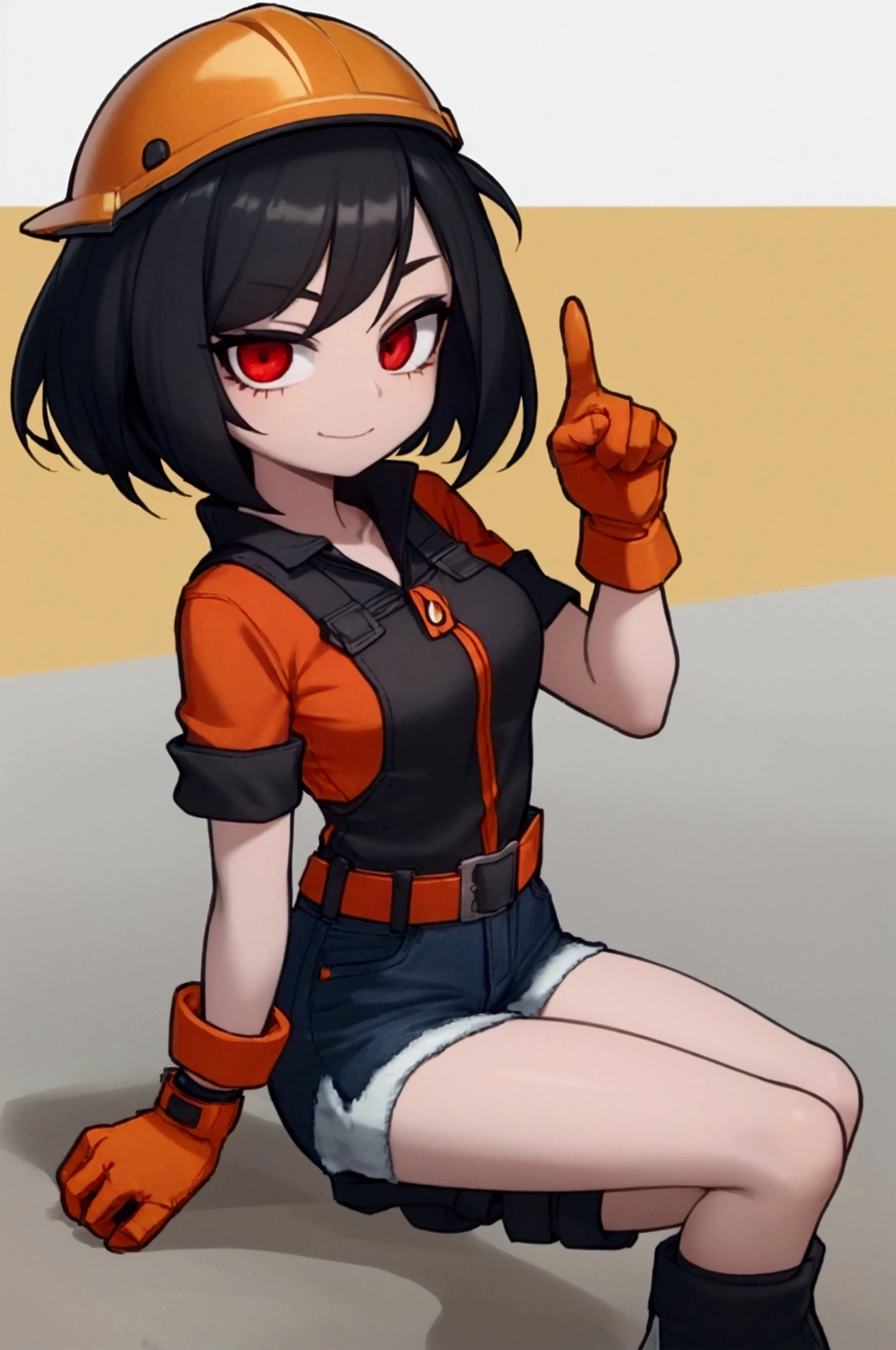 girl, black hair, bob, red eyes, orange short-sleeved safety jacket, black inner, denim shorts, black short socks, orange simple construction helmet, orange safety boots, white gloves, pointing finger