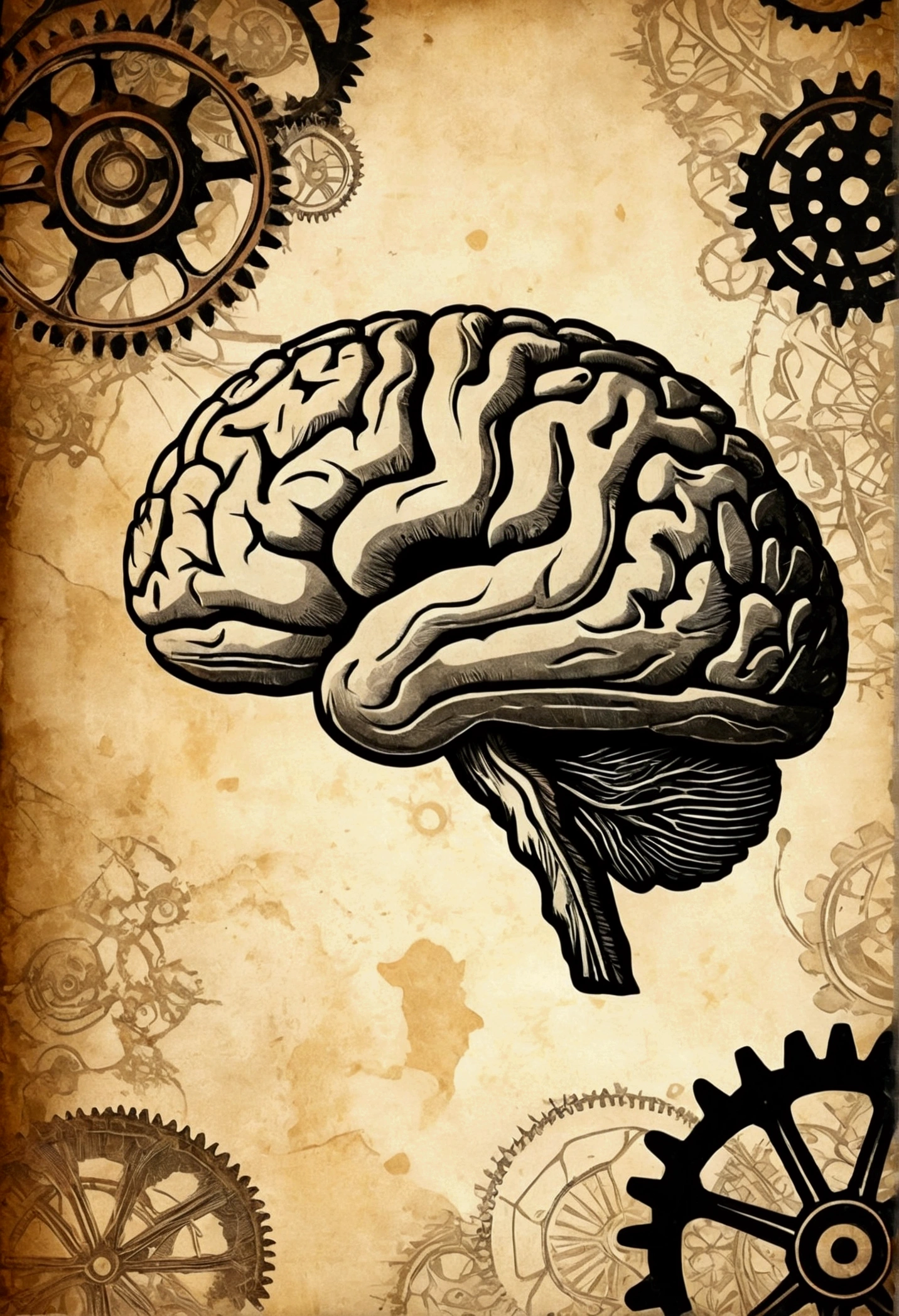 An old wallpaper background, vintage, with illustration of a brain, neurology scenario, graphics and lots of gears, papyrus, rustic paper