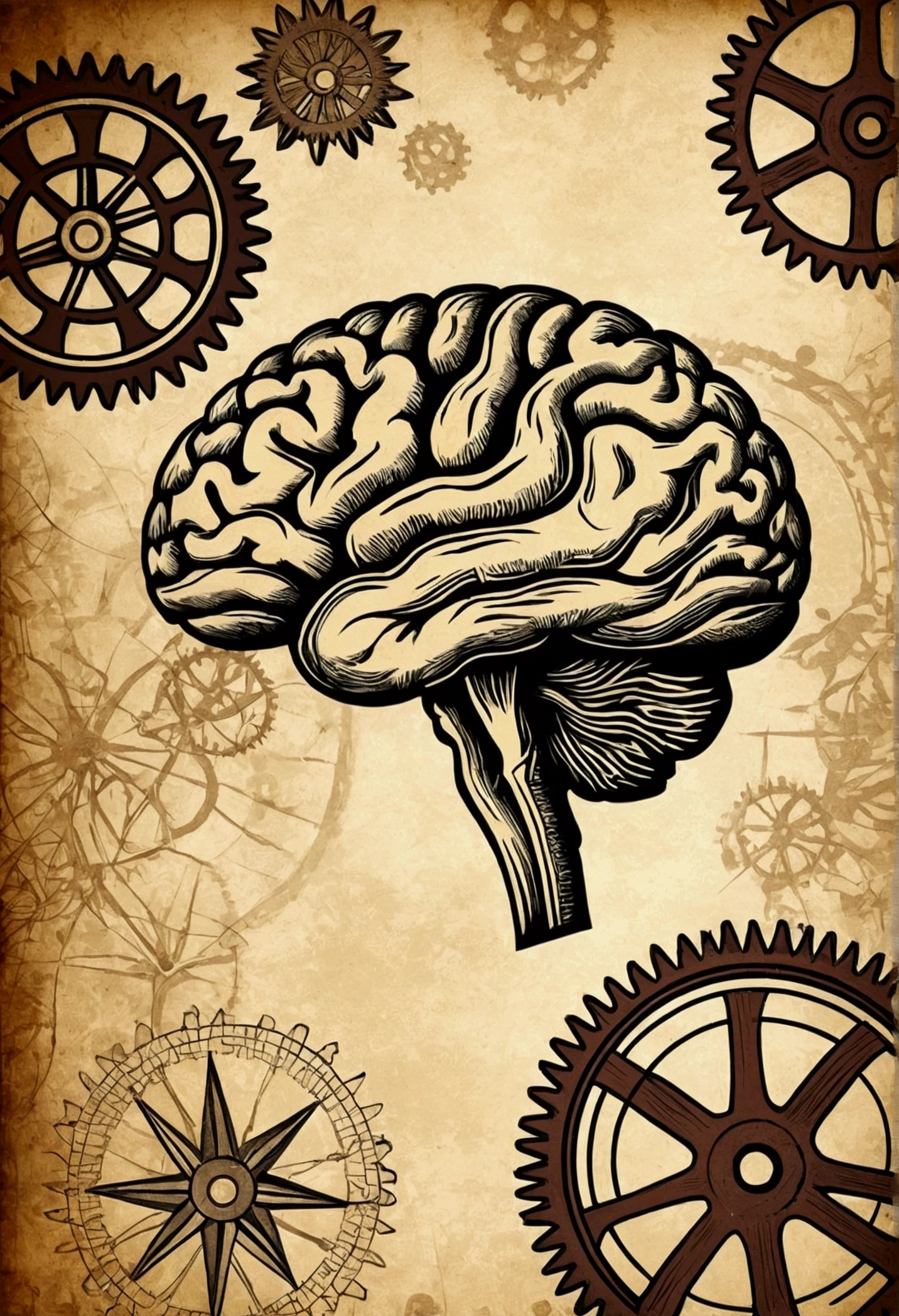 An old wallpaper background, vintage, with illustration of a brain, neurology scenario, graphics and lots of gears, papyrus, rustic paper