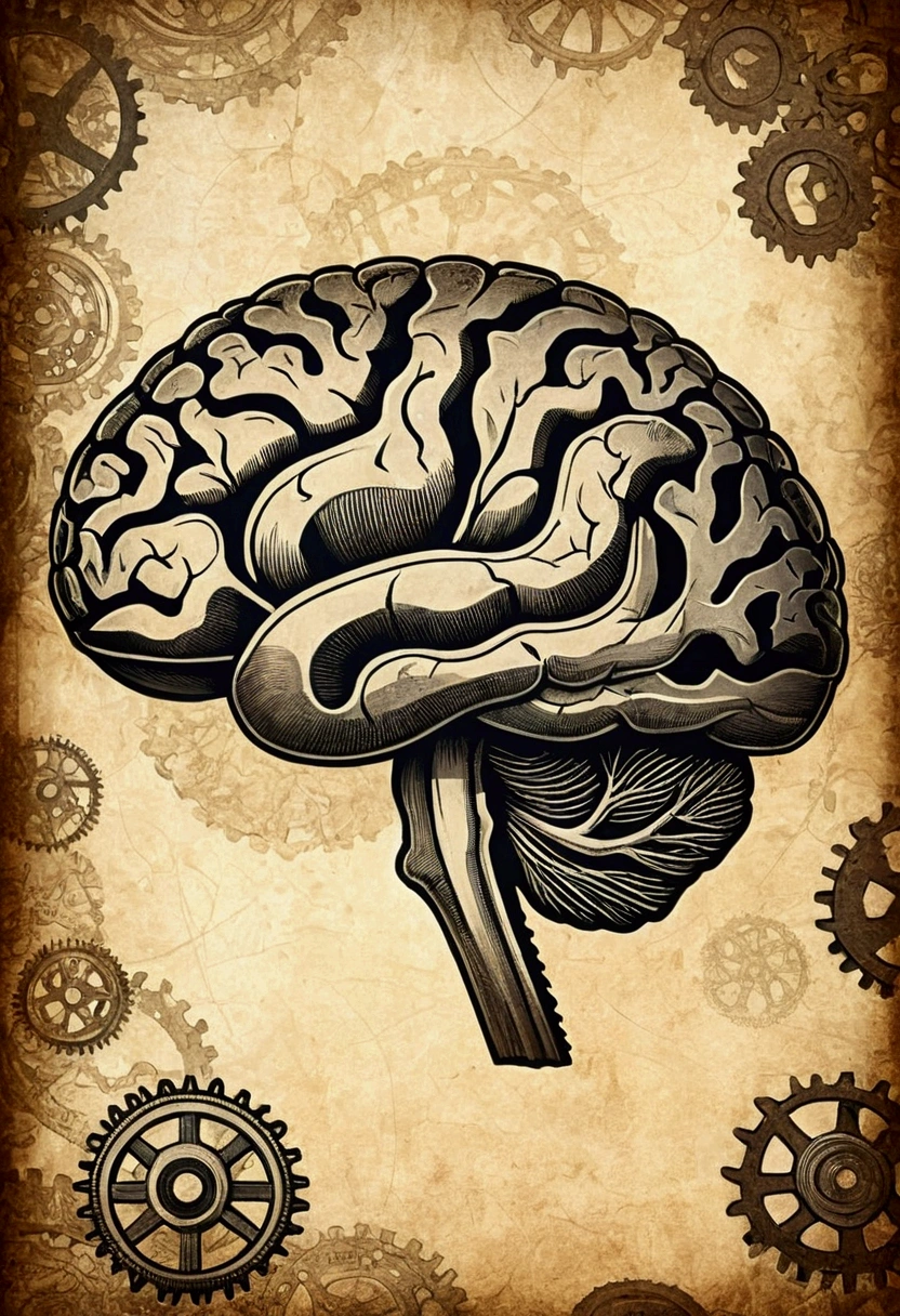 An old wallpaper background, vintage, with illustration of a brain, neurology scenario, graphics and lots of gears, papyrus, rustic paper
